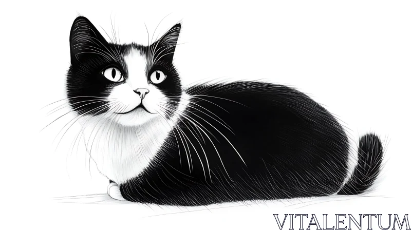 Detailed Illustration of a Black and White Cat AI Image