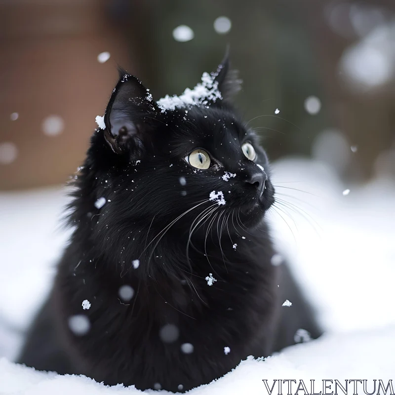 Majestic Black Cat in Winter Snow AI Image