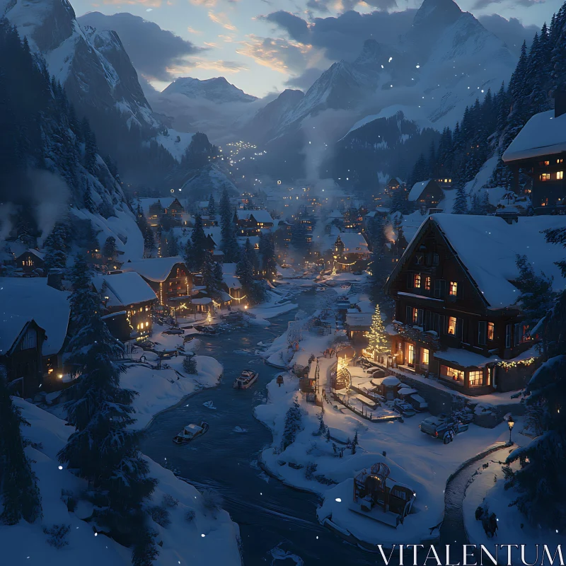 Winter Tranquility in a Mountain Village AI Image