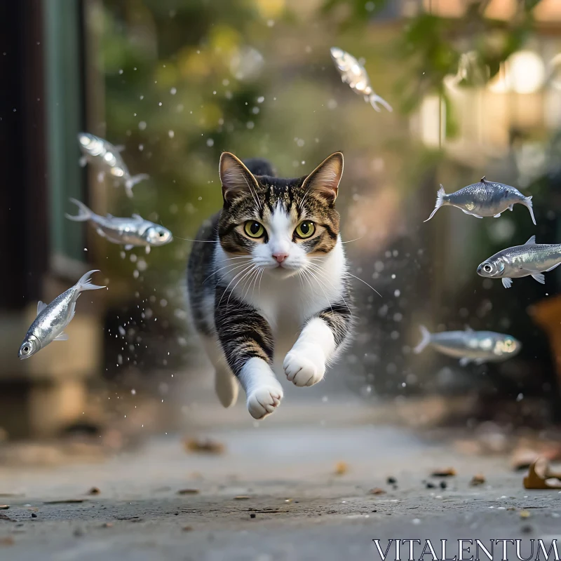 Energetic Cat Leaping Towards Fish AI Image