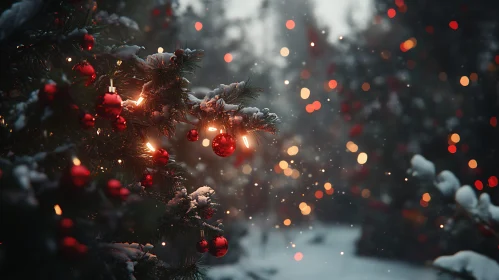 Christmas Tree with Baubles and Lights in Snow