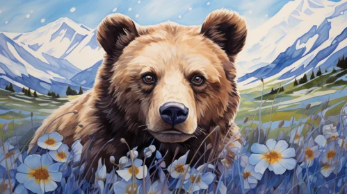 Brown Bear amidst Blue Flowers: A Majestic Natural Blend