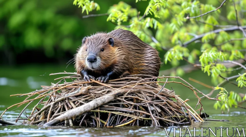 Brown Beaver Sitting on Branches in Calm Lake AI Image