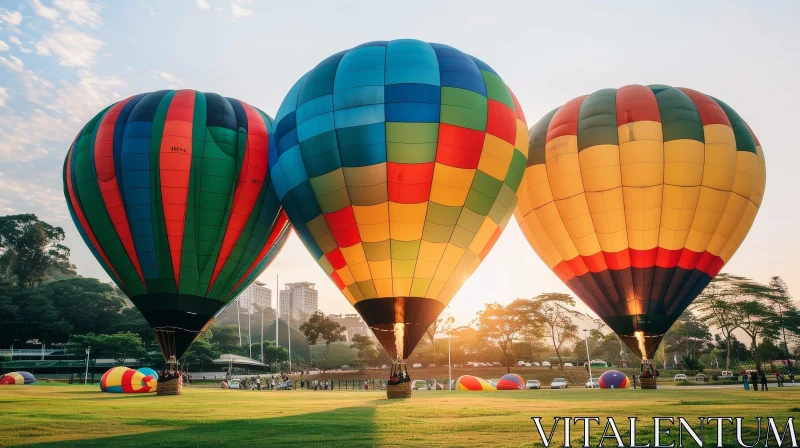 Colorful Hot Air Balloons Taking Off from Grassy Field AI Image