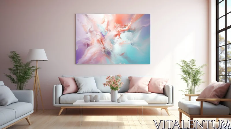 Cozy Living Room with White Sofa and Abstract Painting AI Image