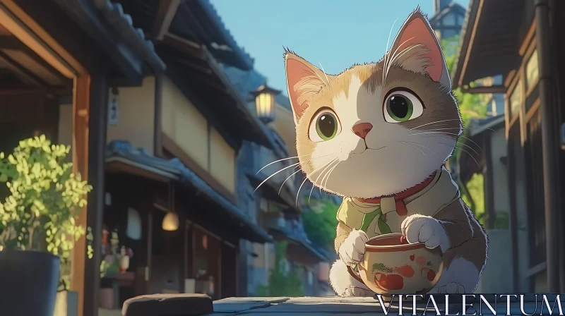 Cute Cat Holding Cup in Traditional Japanese Setting AI Image