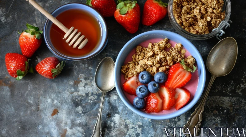 Delicious and Nutritious: Strawberry Smoothie Bowl with Granola and Fresh Berries AI Image
