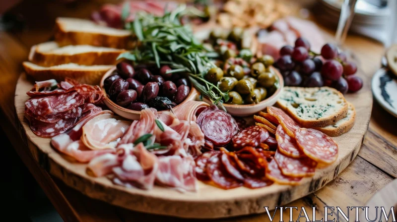 Delicious Assortment of Cured Meats, Olives, Grapes, and Bread on a Wooden Board AI Image
