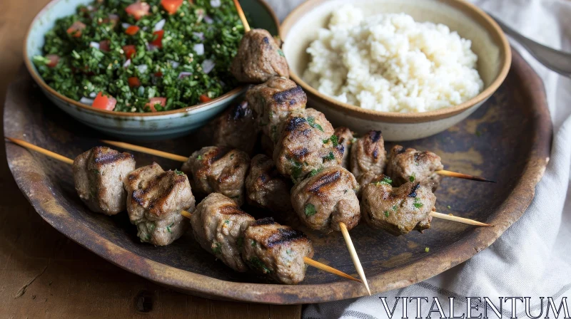 AI ART Delicious Lamb Skewers with Tabbouleh Salad and Couscous - Food Photography