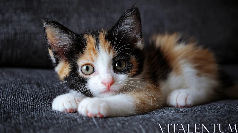 Cute Calico Kitten on Dark Grey Surface AI Image