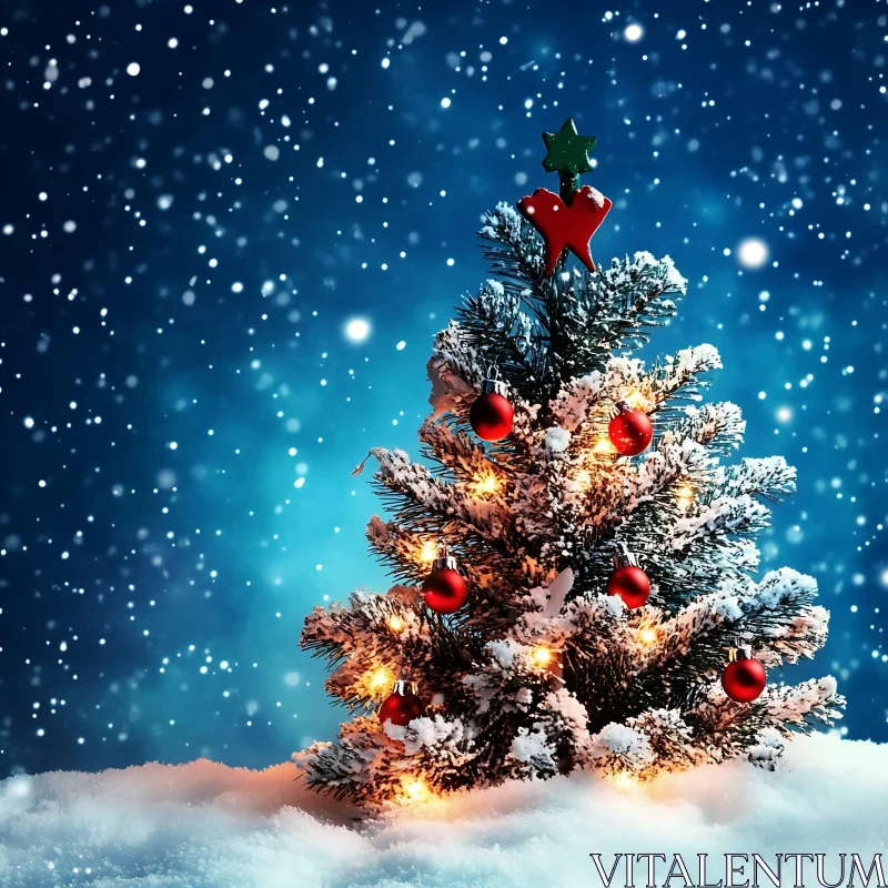 Festive Christmas Tree Adorned with Red and Gold in Winter Wonderland AI Image