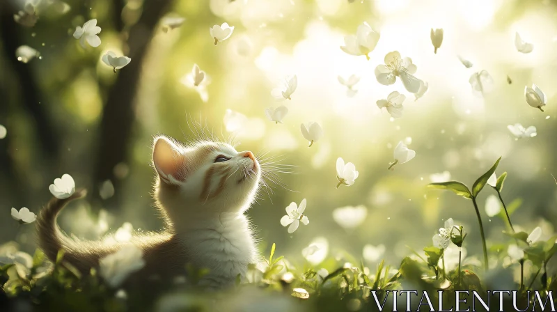 Innocent Kitten Amid Floating Petals in Nature AI Image