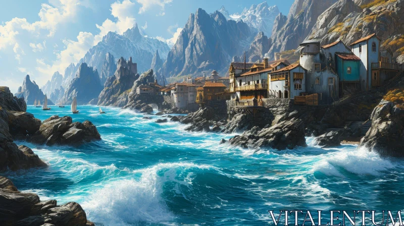 Picturesque Coastal Village Landscape | Serene Seascape AI Image