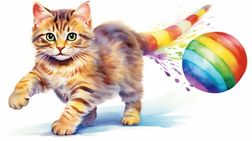 Playful Kitten Watercolor Painting with Rainbow Ball