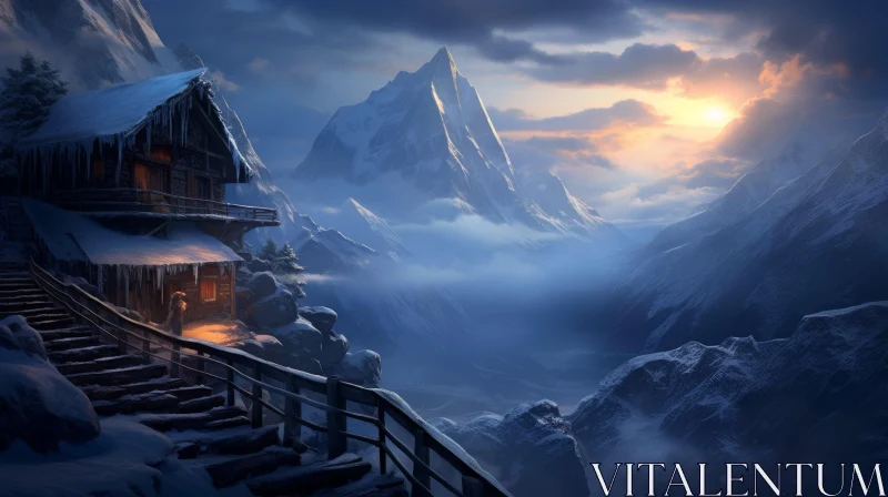 Serene Cabin in Snow-Covered Mountains | Zen-inspired Art AI Image
