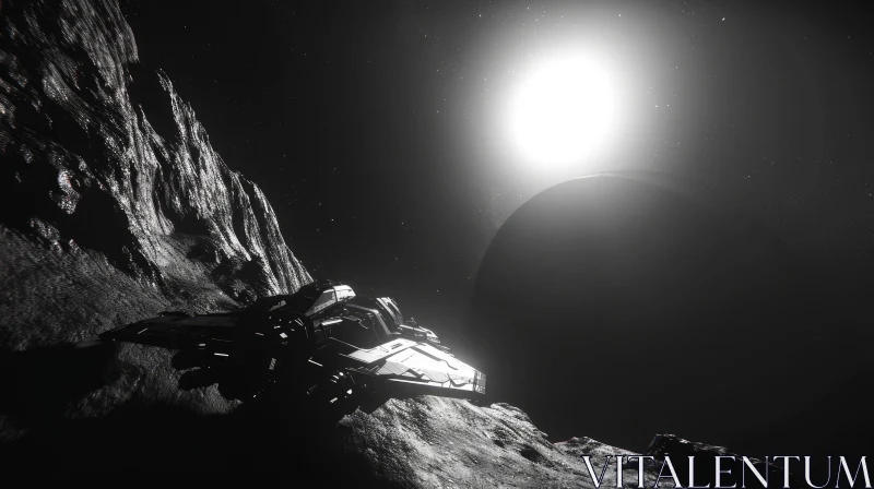 Stunning Spaceship on Planet: Black and White Art AI Image