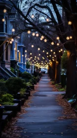 Whimsical Sidewalk Illuminated by Street Lights | Futuristic Victorian Charm