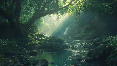 Sunlit Forest Stream - Tranquil Nature Scene