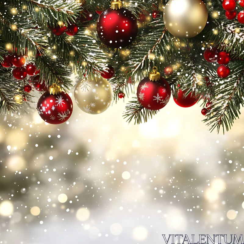 Holiday Evergreen Branches with Baubles and Berries AI Image