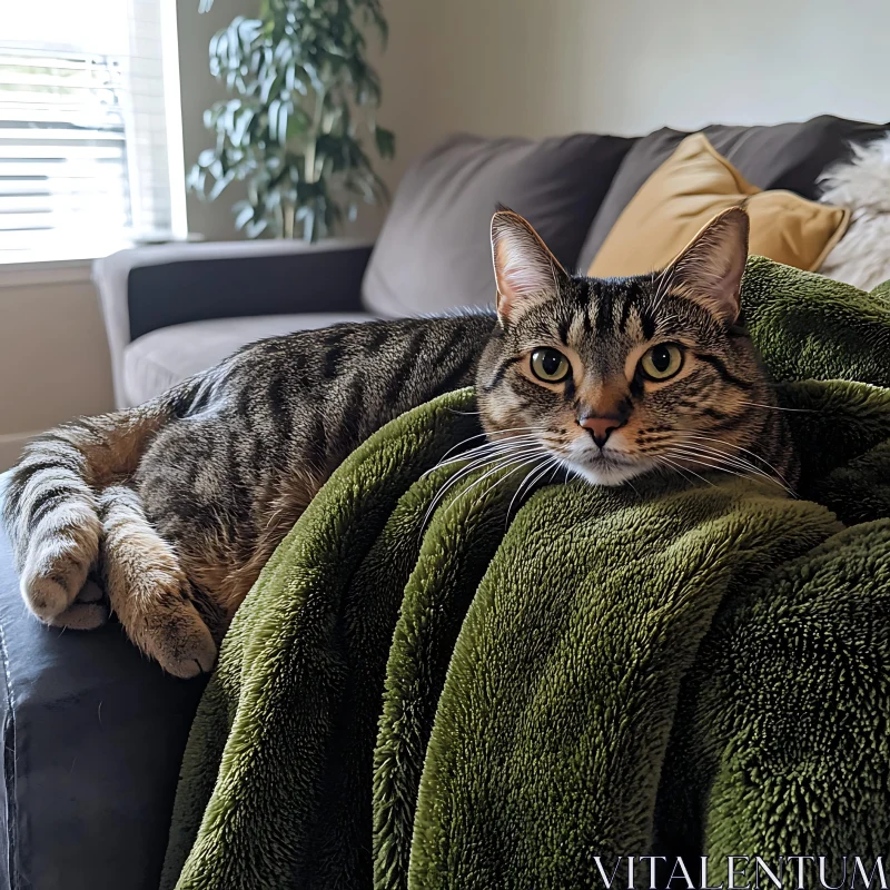 Comfortable Tabby Cat Lounging on Green Blanket in Living Room AI Image