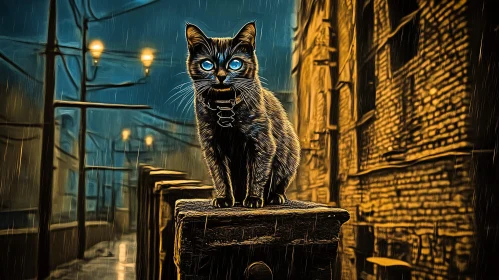 Enigmatic Cat in Rainy Nightscape