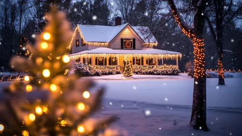 Festively Decorated House on a Snowy Night