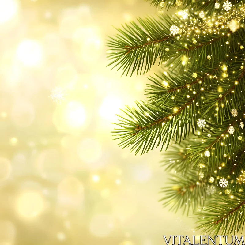 Festive Tree Branch with Lights and Snowflakes AI Image