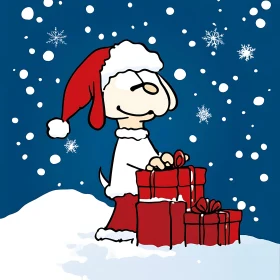 Christmas Cartoon Dog with Presents in Snow