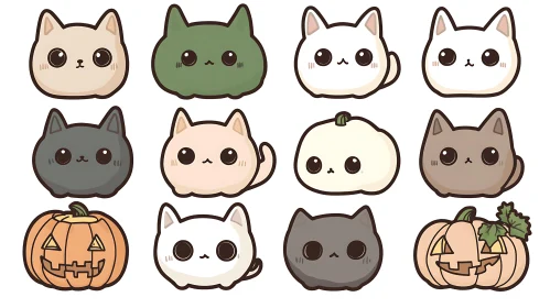 Kawaii Cat Illustrations with Halloween Pumpkin Faces