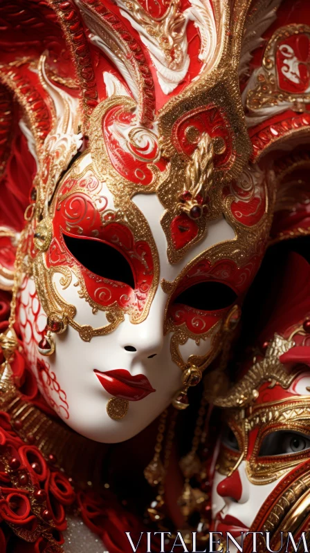 Captivating Mysterious Masks in Red and Gold | Venetian Beauty AI Image
