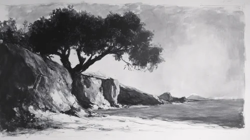 Black and White Drawing of Coastal Landscape