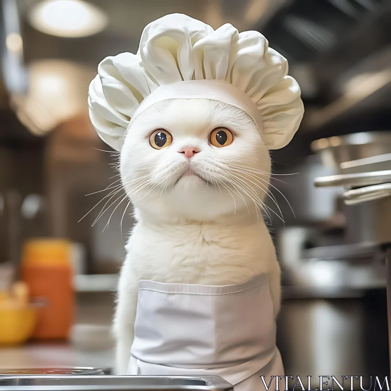 AI ART Cute White Cat Chef in Modern Kitchen