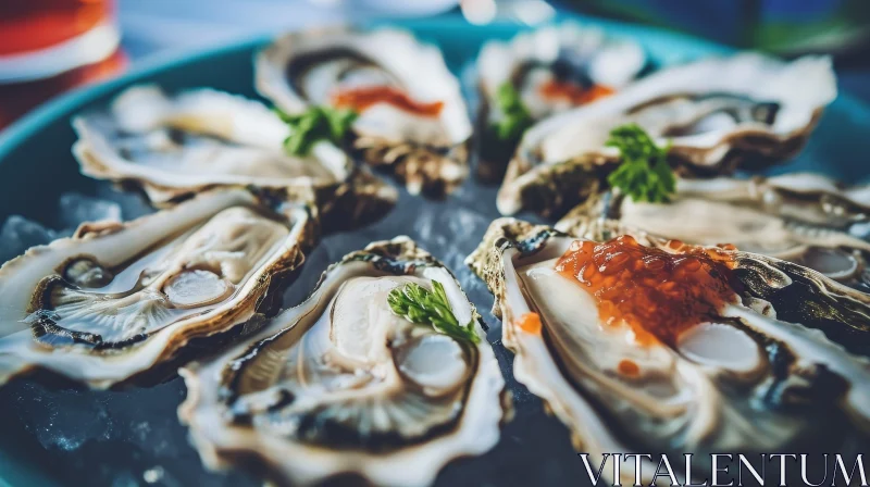 Delicious Oysters with Caviar and Parsley on Blue Table AI Image