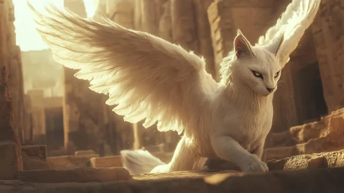 Majestic Winged Cat in Golden Ruins