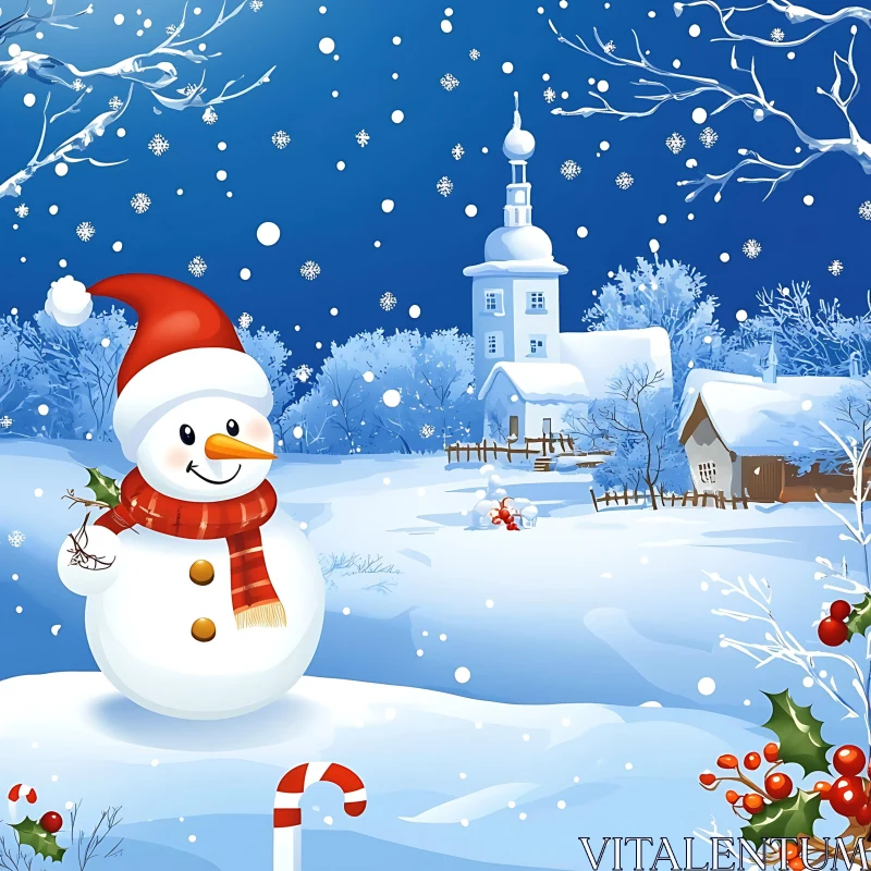 Festive Snowman in Snowy Village Setting AI Image