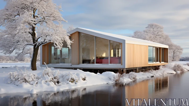 AI ART Modern House in Winter Forest by River
