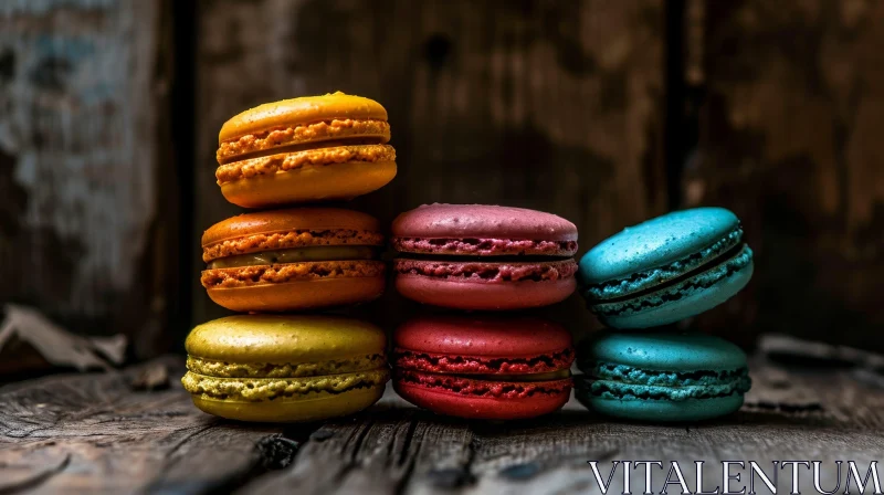 Multicolored Macarons on Wooden Table - Close-Up Photo AI Image
