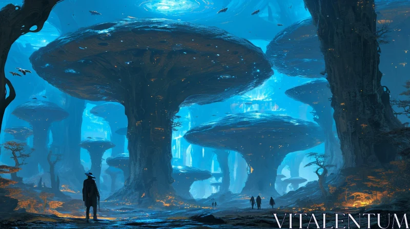 Mysterious Alien Landscape with Captivating Mushrooms and Enchanting Water AI Image
