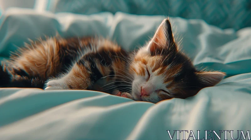 Sleeping Kitten on Blue Blanket - Close-up Photo AI Image