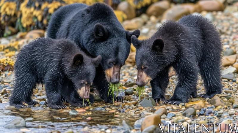 Stunning Photograph of a Family of Black Bears on a Rocky Beach AI Image