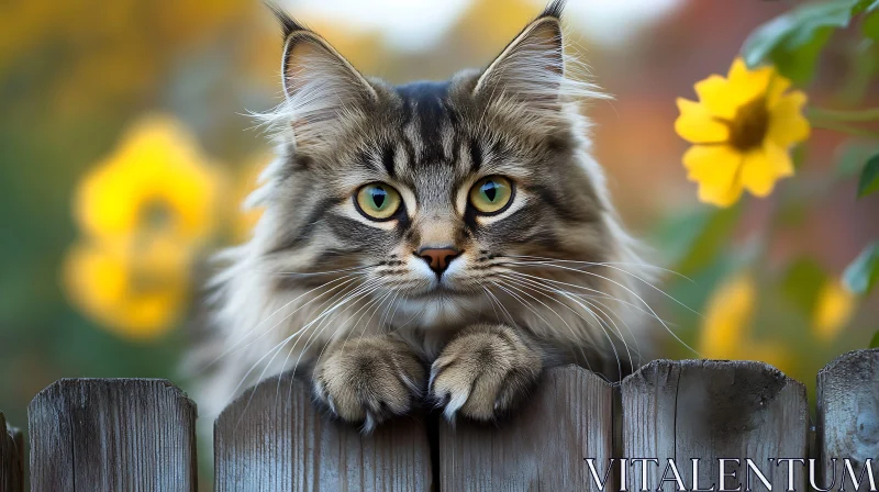 Enchanting Cat Over Wooden Fence with Blossoms AI Image