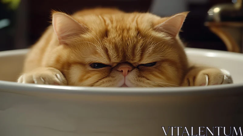 Adorable Ginger Cat Relaxing in a Bowl AI Image