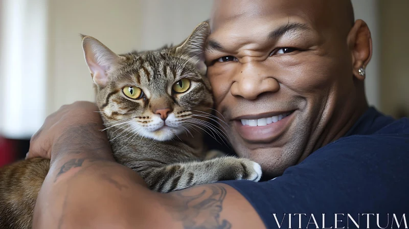 Man Smiling and Hugging a Tabby Cat AI Image