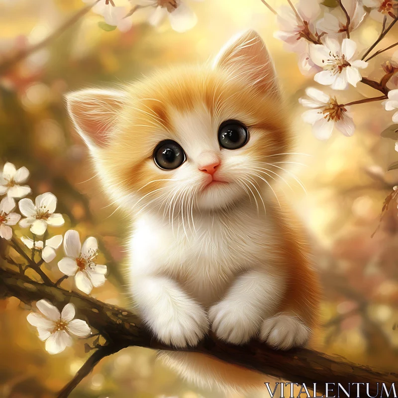 Cute Kitten in Flowering Tree AI Image