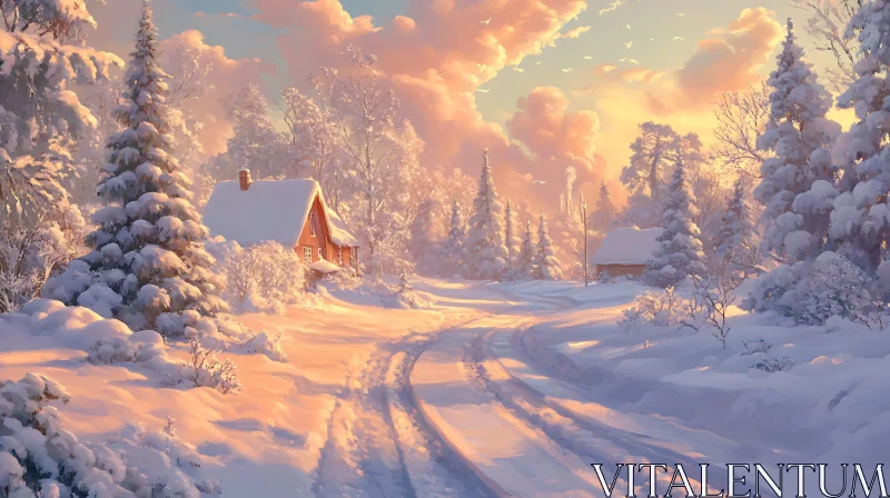 AI ART Serene Snowy Sunset with Cozy Cabin