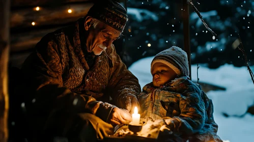 Winter Moment: Grandfather and Child Sharing Candlelight