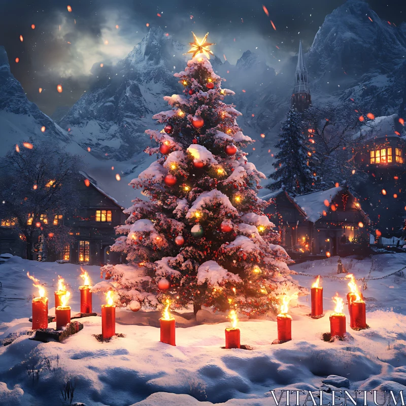 Festive Holiday Tree in Winter Wonderland AI Image