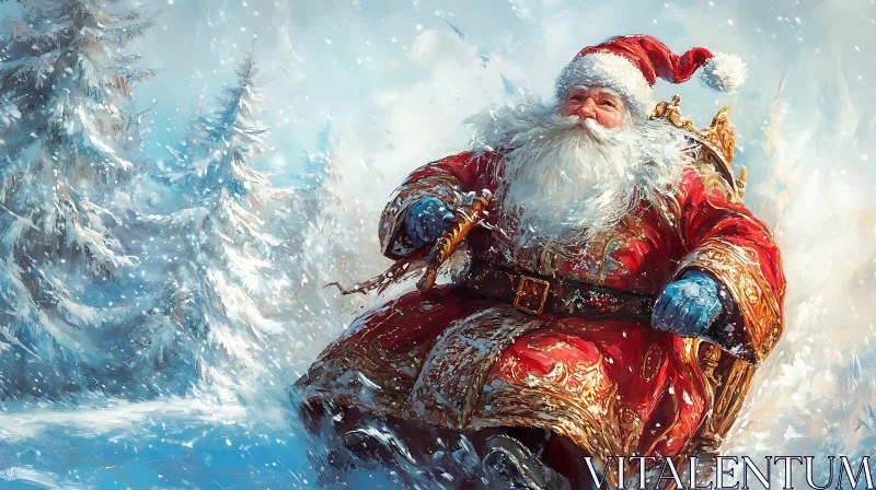 Santa Claus on Sleigh in Snowy Forest AI Image