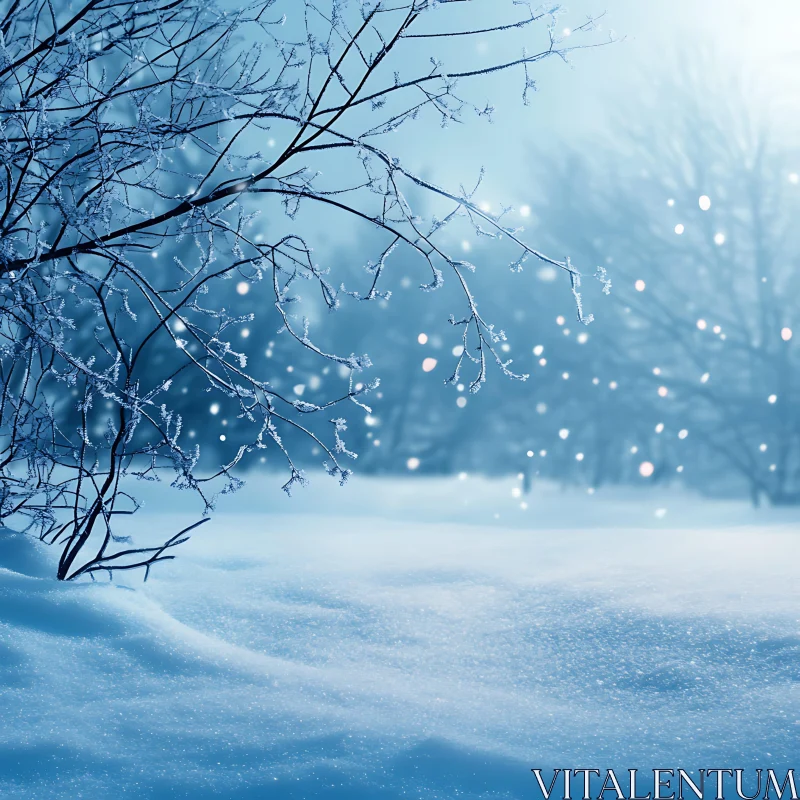 Snow-Covered Landscape with Frosted Tree Branches AI Image