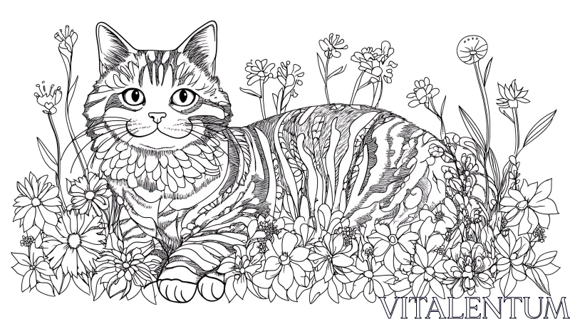 AI ART Intricate Cat and Flower Line Drawing